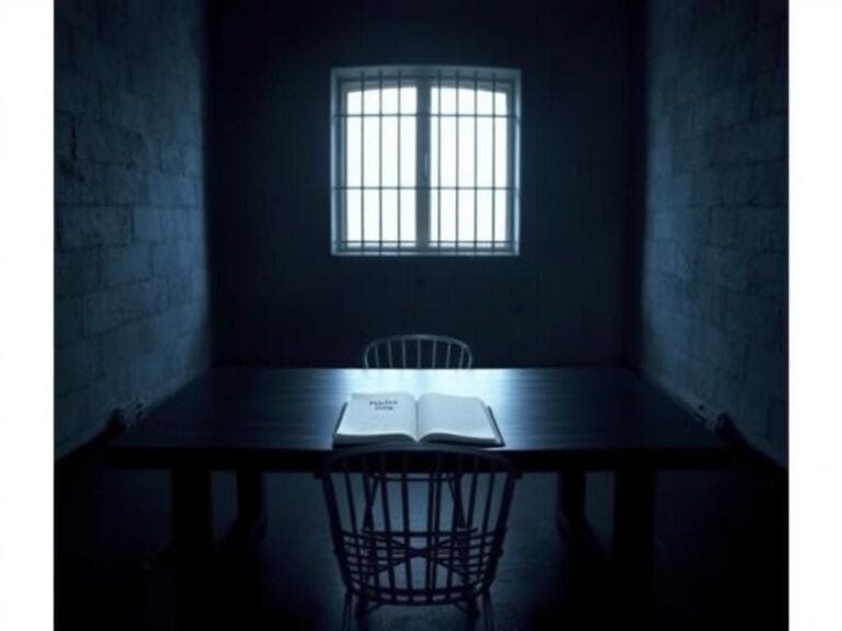 Flick International Dimly lit prison room with an empty metal chair and large wooden table
