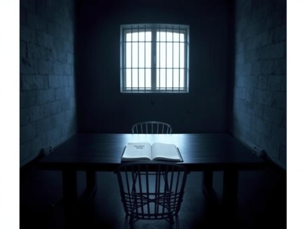 Flick International Dimly lit prison room with an empty metal chair and large wooden table