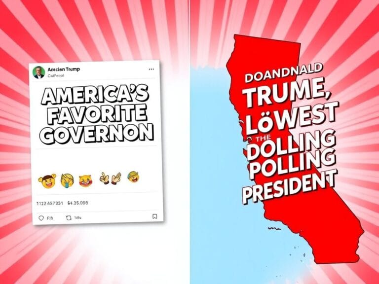 Flick International A vibrant split image contrasting humorous social media posts by Gavin Newsom and Donald Trump