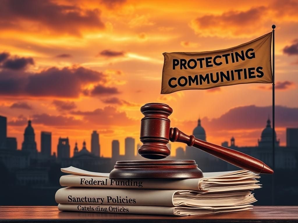 Flick International Silhouette of a city skyline at sunset with a gavel and official documents symbolizing legal challenges to federal funding over sanctuary policies