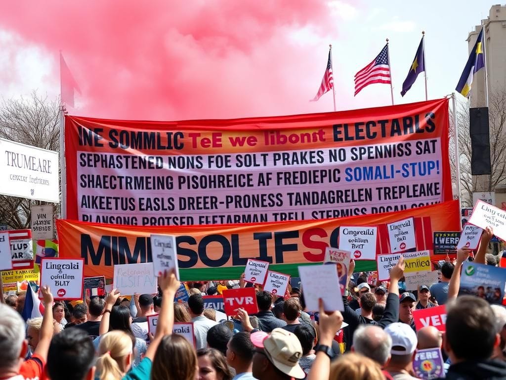 Flick International A vibrant political rally in Minneapolis showcasing a diverse crowd with banners in Somali language