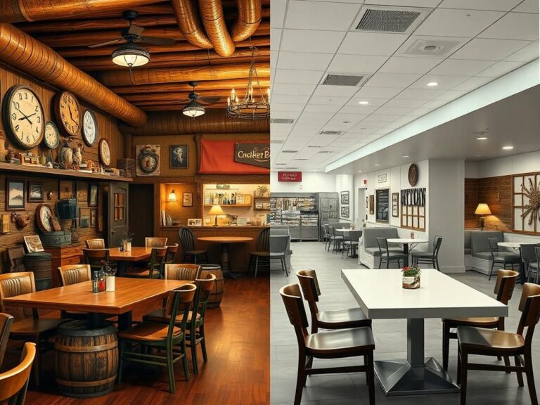 Flick International Traditional and modern Cracker Barrel restaurant settings showcasing a stark transformation