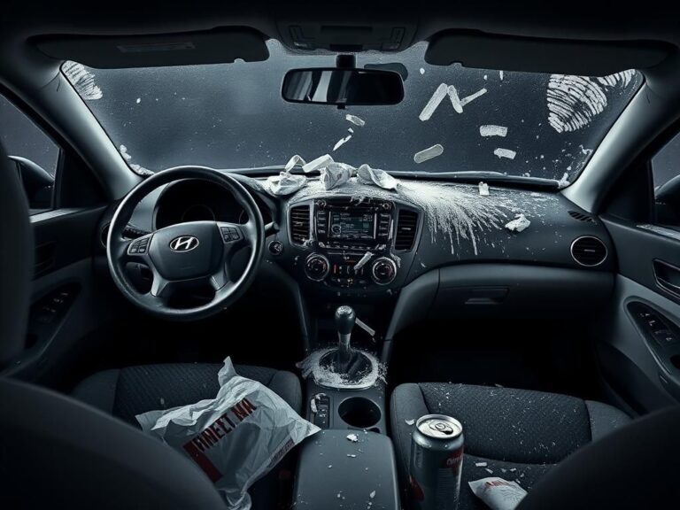 Flick International Interior view of a white Hyundai Elantra showing a messy dashboard and crime scene ambiance