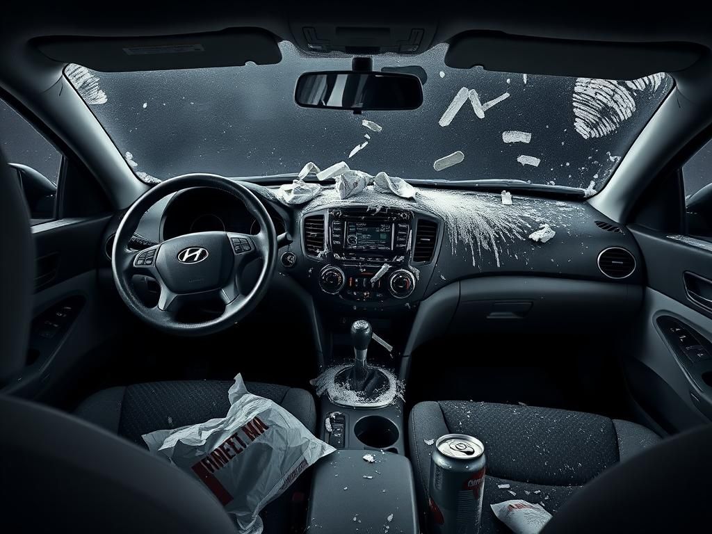 Flick International Interior view of a white Hyundai Elantra showing a messy dashboard and crime scene ambiance