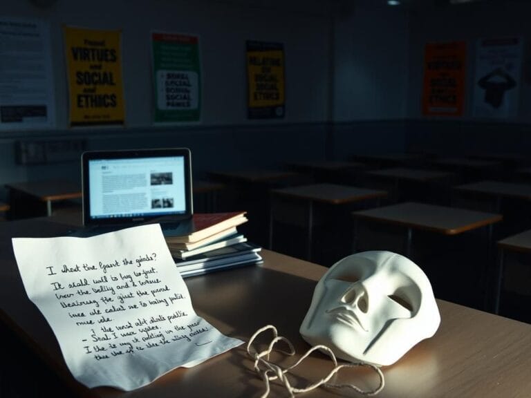 Flick International A dimly lit university classroom with empty desks, a stack of textbooks, and an open laptop showing social ethics content