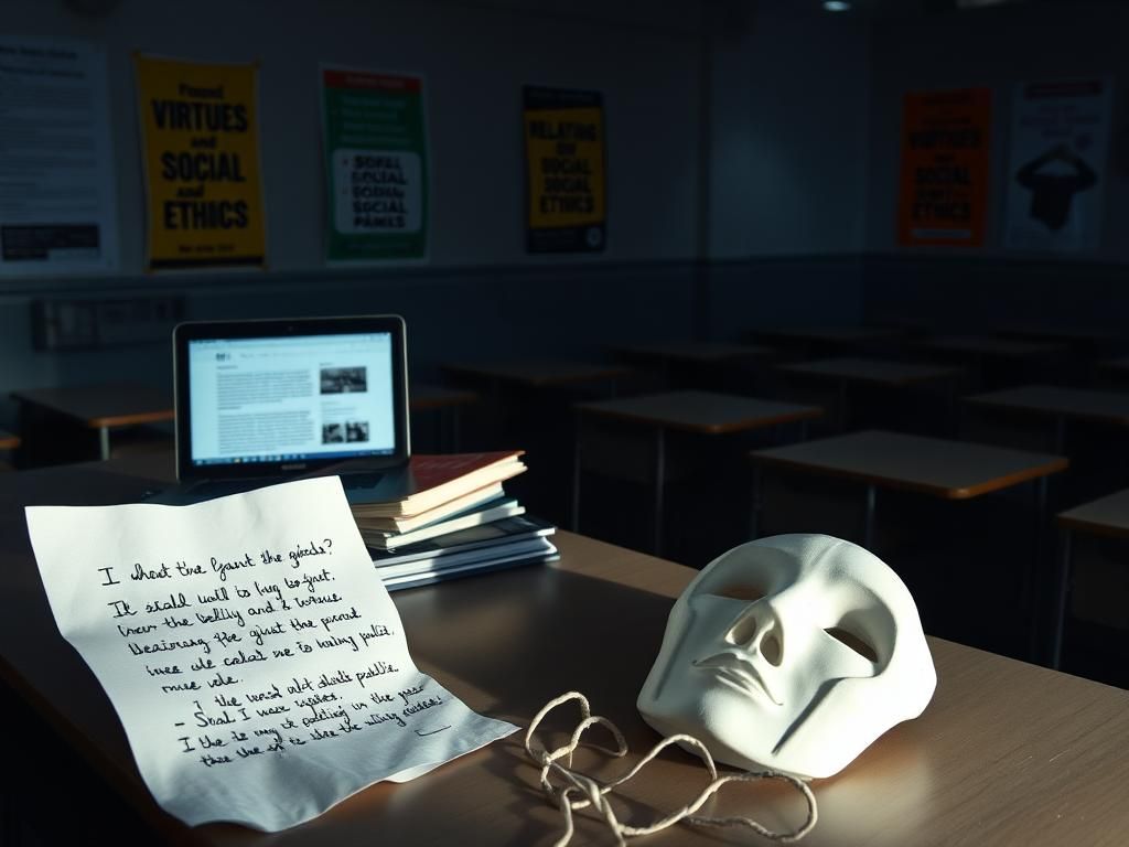 Flick International A dimly lit university classroom with empty desks, a stack of textbooks, and an open laptop showing social ethics content