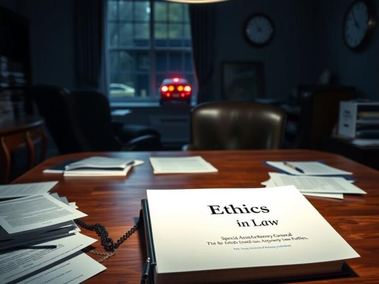 Flick International Dimly lit office of Rhode Island Attorney General representing chaos with legal documents and overturned chair