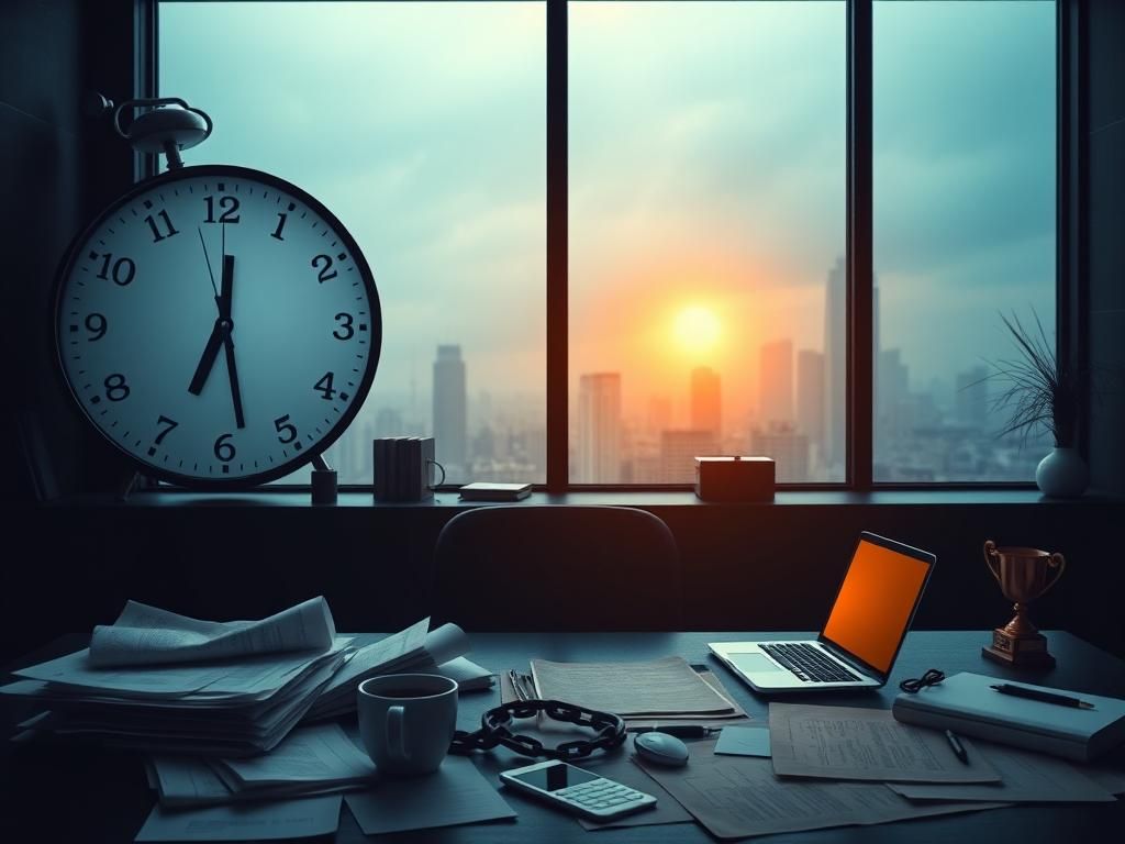 Flick International A dimly lit office space with a large clock and cluttered desk representing ambition and sacrifice