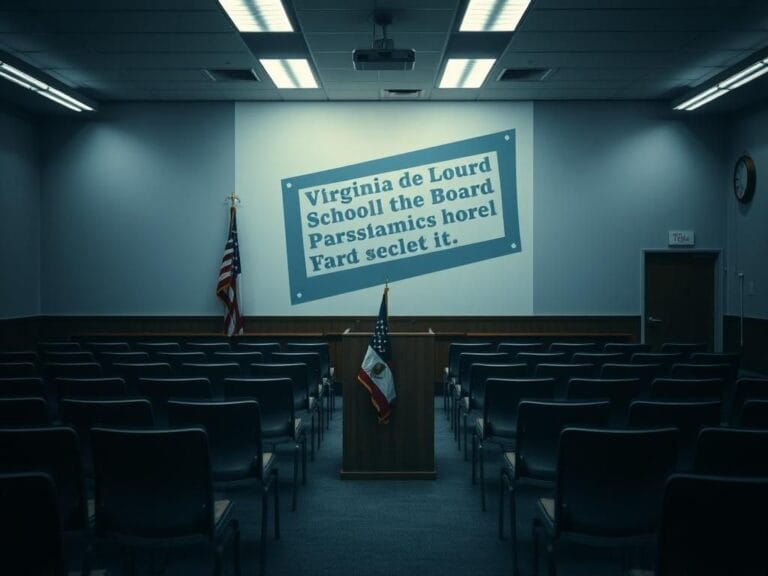 Flick International Empty school board meeting room with a podium and a racially charged sign shadow