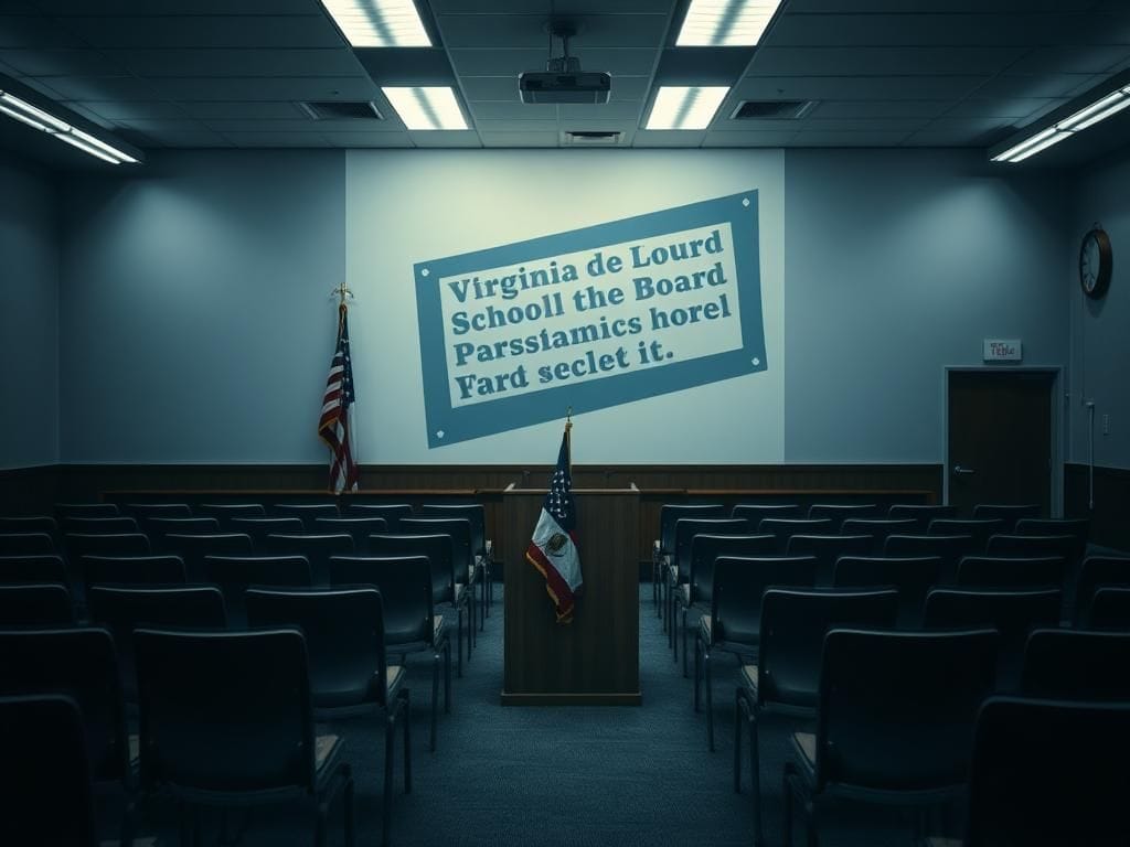Flick International Empty school board meeting room with a podium and a racially charged sign shadow