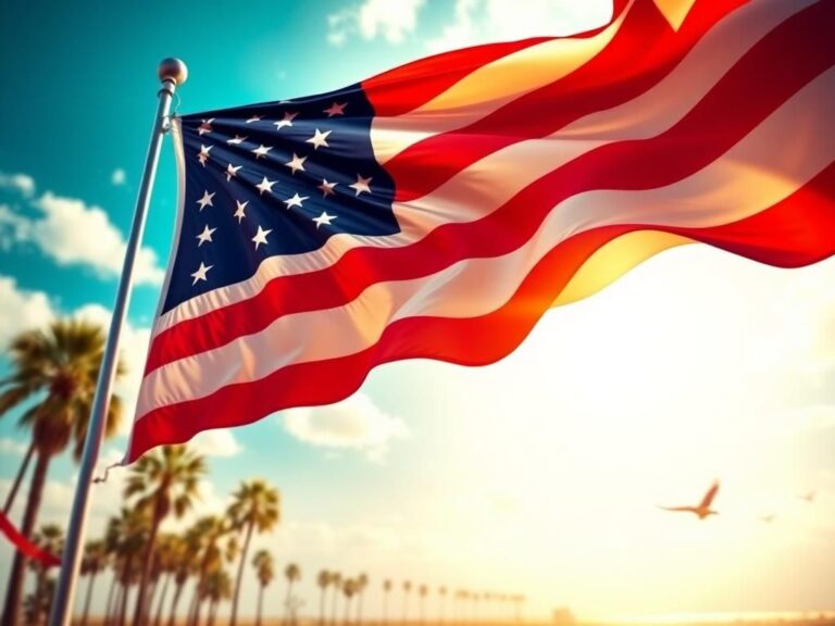 Flick International Abstract representation of political strength and leadership with an American flag in the foreground and a Florida landscape in the background.