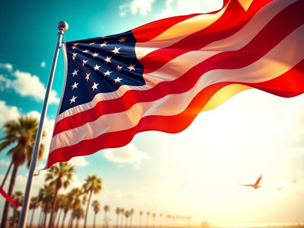 Flick International Abstract representation of political strength and leadership with an American flag in the foreground and a Florida landscape in the background.