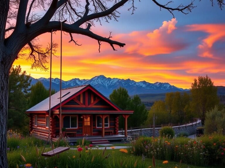 Flick International Serene sunset over the Wasatch Mountains with a cozy cabin in the foreground