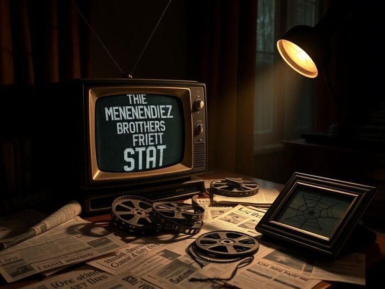 Flick International A dramatic vintage TV set displaying static, surrounded by papers about the Menendez brothers.