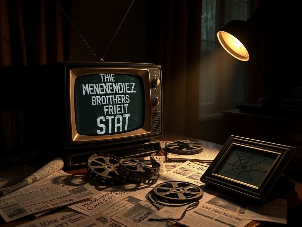 Flick International A dramatic vintage TV set displaying static, surrounded by papers about the Menendez brothers.