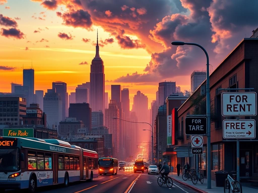 Flick International Bustling New York City skyline at dusk with Empire State Building and One World Trade Center