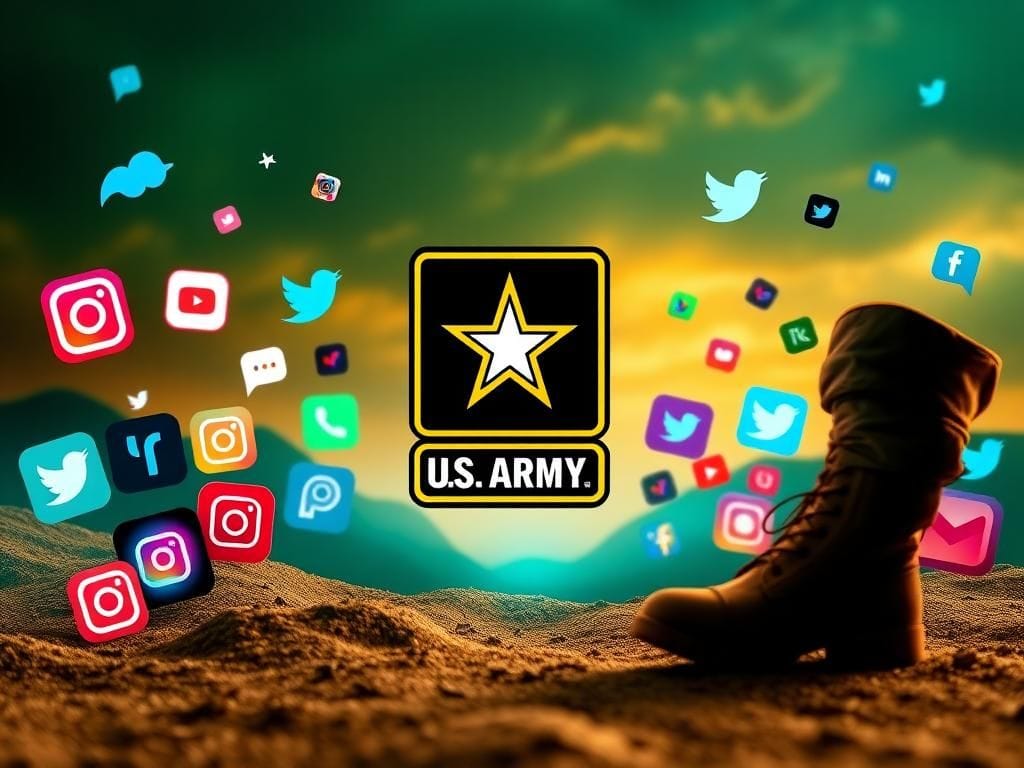 Flick International A dynamic digital scene blending U.S. Army imagery with social media icons for recruitment
