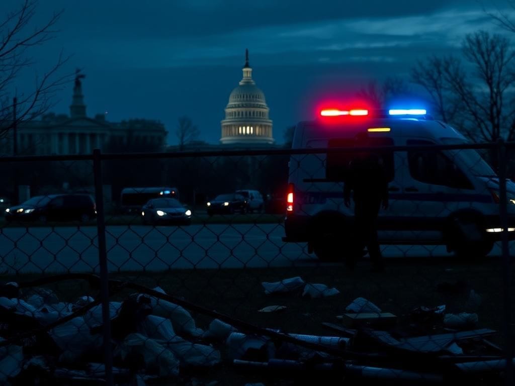 Flick International Stark urban landscape of Washington D.C. at dusk with police activity