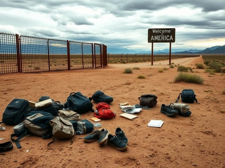 Flick International Landscape depicting a border crossing area with a rusted metal fence and personal belongings symbolizing unauthorized immigrants.