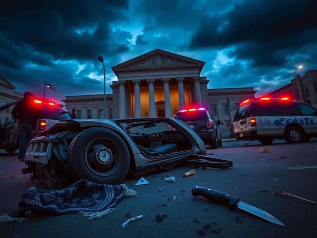 Flick International Overturned vehicle and chaotic scene outside courthouse in San Francisco