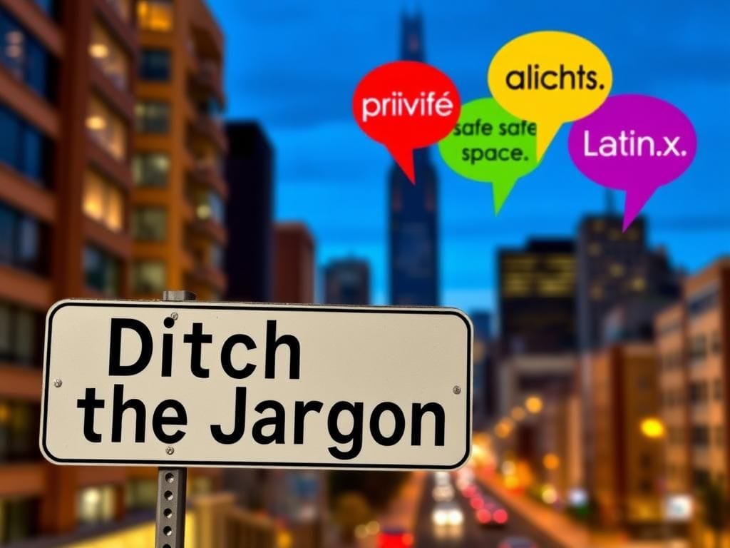 Flick International Blurred urban landscape with a street sign reading 'Ditch the Jargon' symbolizing the need for authentic communication