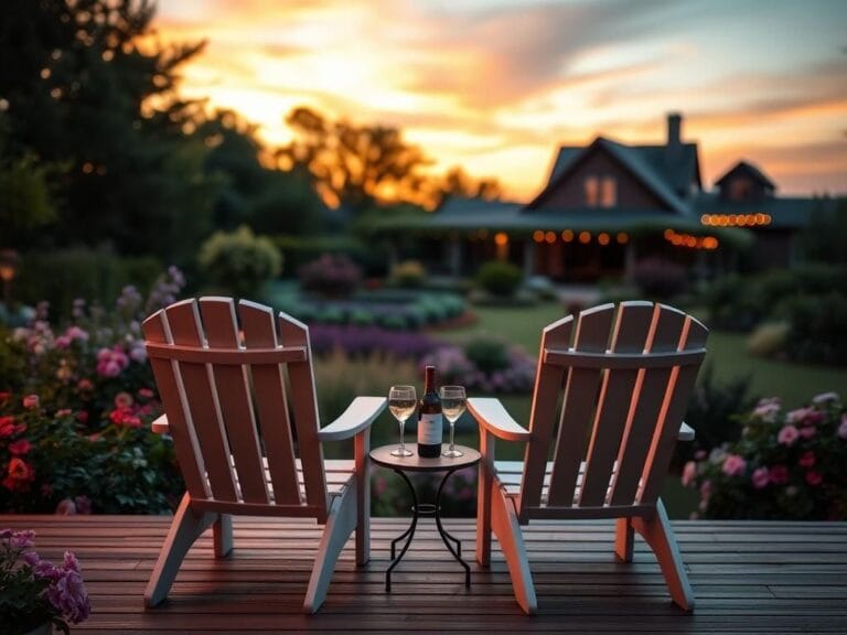 Flick International Sunset landscape featuring two empty chairs on a wooden patio overlooking a vibrant garden
