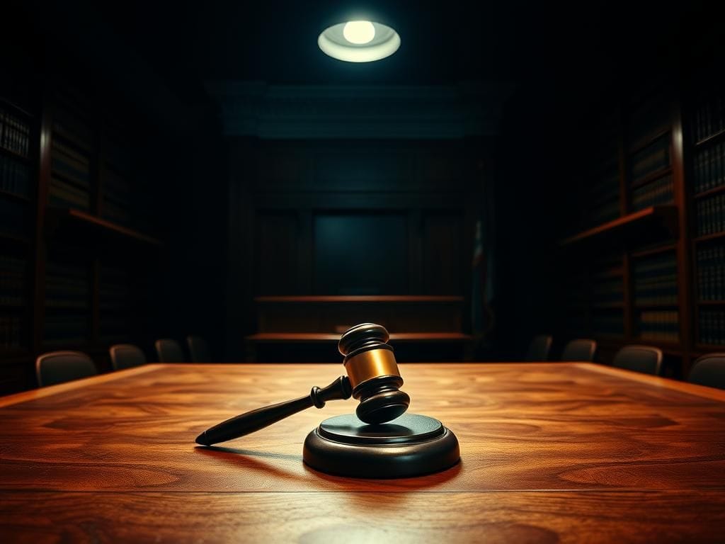 Flick International Dimly lit courtroom with a gavel symbolizing justice
