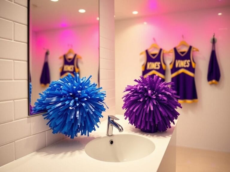 Flick International Spacious bathroom setting featuring cheerleading pom-poms and uniforms