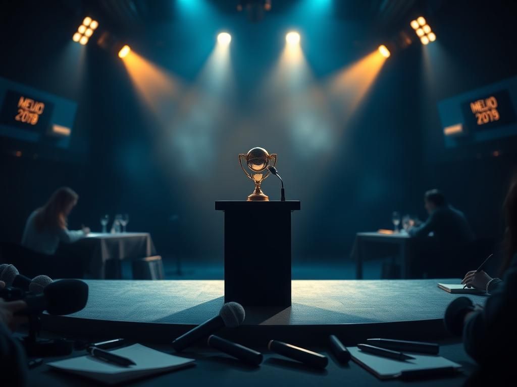 Flick International Dimly lit sports award stage highlighting a shiny award on a podium