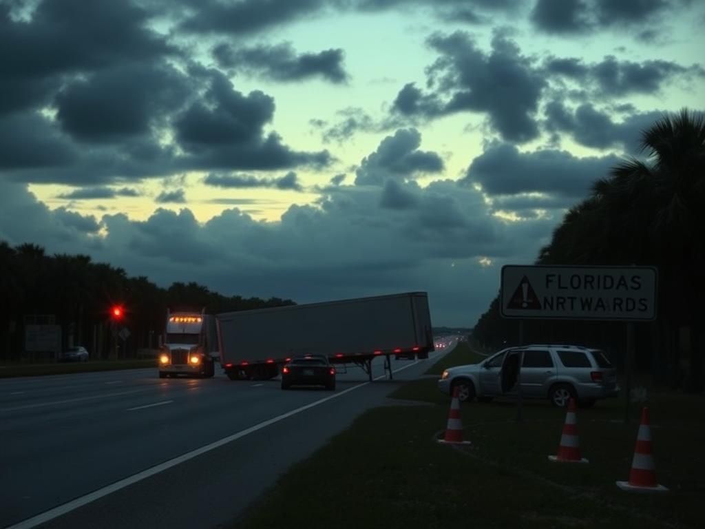 Flick International Overturned semi-truck on Florida Turnpike at twilight after deadly wreck