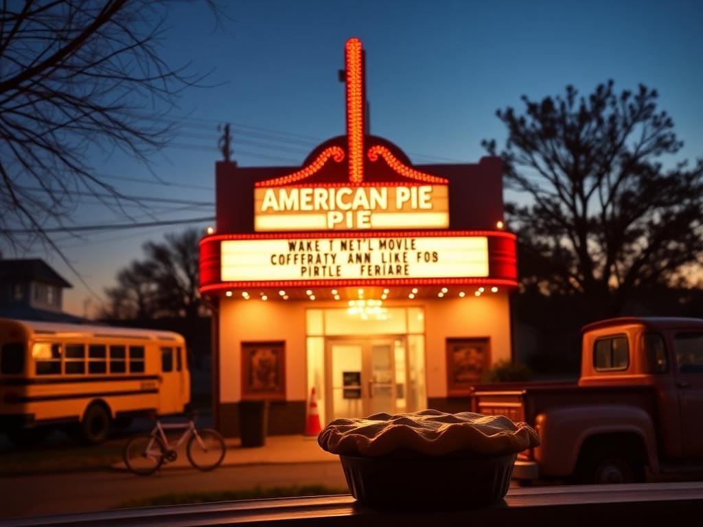 Flick International Vintage movie theater marquee displaying 'American Pie' at dusk with 1990s Americana elements