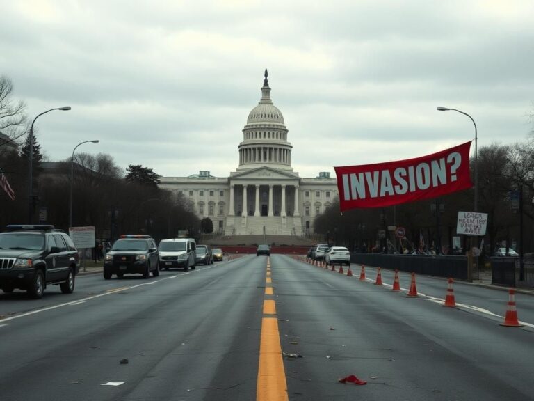 Flick International A deserted Washington D.C. street with police barricades, National Guard vehicles, and signs of protest.
