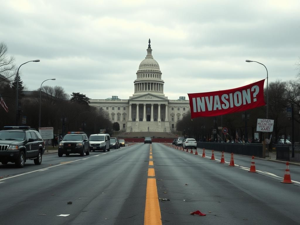 Flick International A deserted Washington D.C. street with police barricades, National Guard vehicles, and signs of protest.