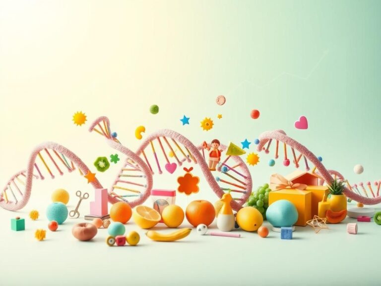 Flick International Abstract representation of DNA strands with health icons depicting obesity risk factors in children