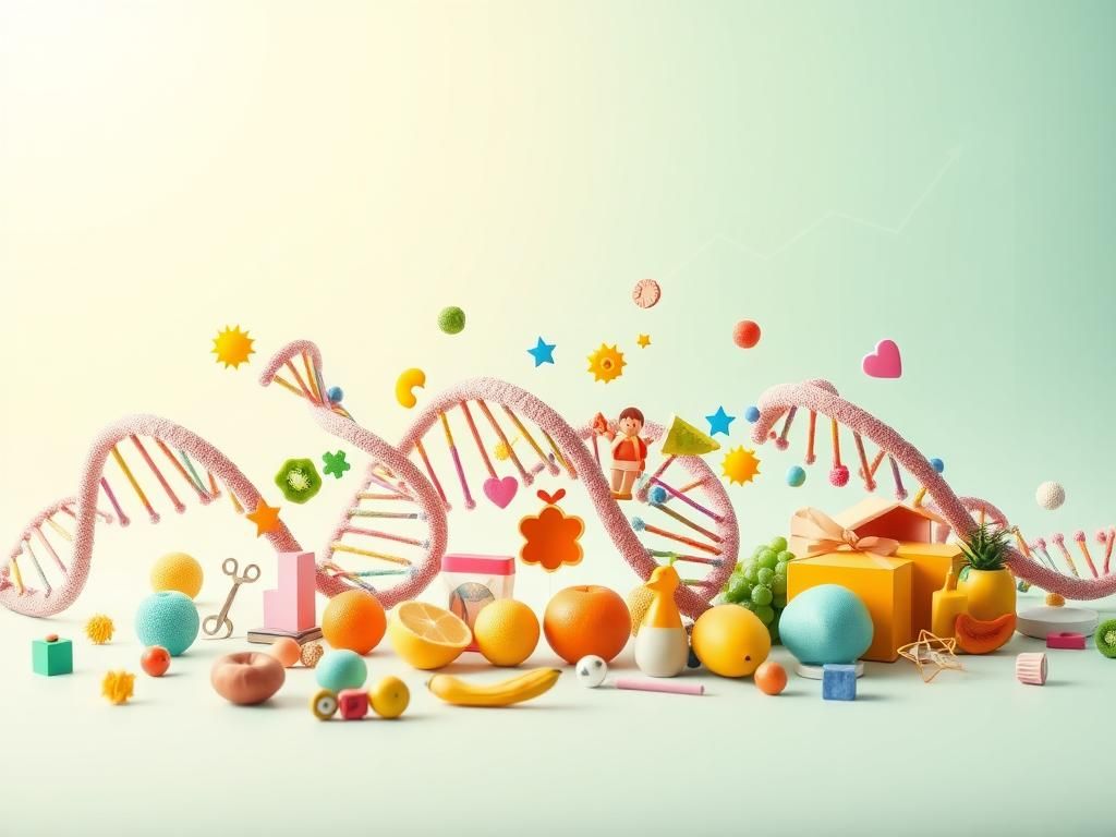 Flick International Abstract representation of DNA strands with health icons depicting obesity risk factors in children