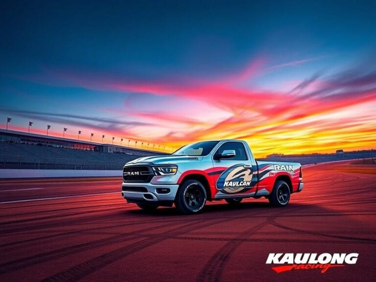 Flick International Stylized Ram 1500 truck parked on a dirt racetrack at dusk