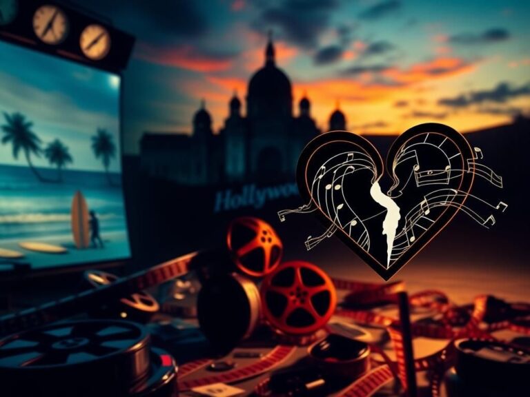 Flick International A cinematic-style collage representing Hollywood intrigue with film reels, camera equipment, surfboards, and a royal palace silhouette.