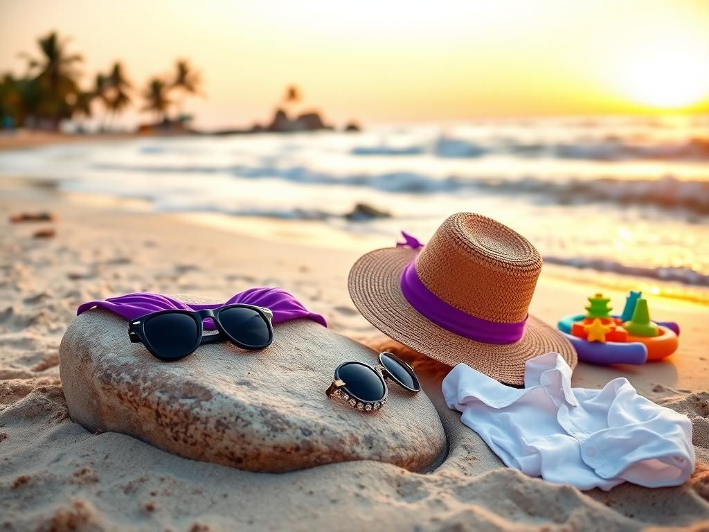 Flick International Vibrant purple bikini draped over a sun-kissed rock on a serene beach