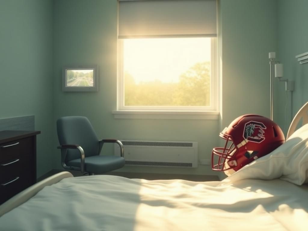 Flick International Serene hospital room with sunlight illuminating an empty hospital bed and football helmet