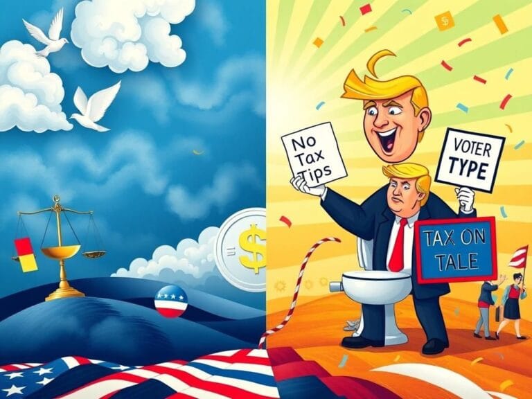 Flick International A vibrant split landscape illustrating the contrasting political themes of traditional Democratic ideals and Trump's whimsical appeal