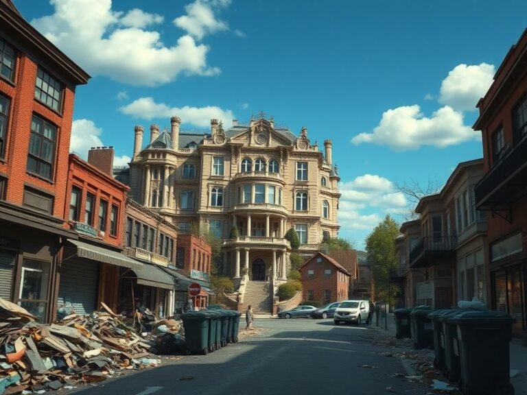 Flick International Opulent mansion symbolizing billionaire wealth in stark contrast to a struggling urban neighborhood