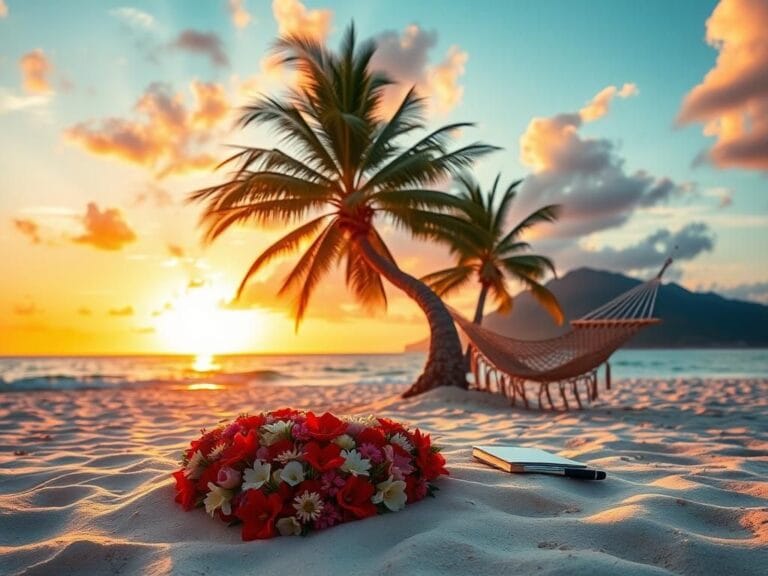 Flick International Heart-shaped arrangement of colorful flowers on a serene beach at sunset.