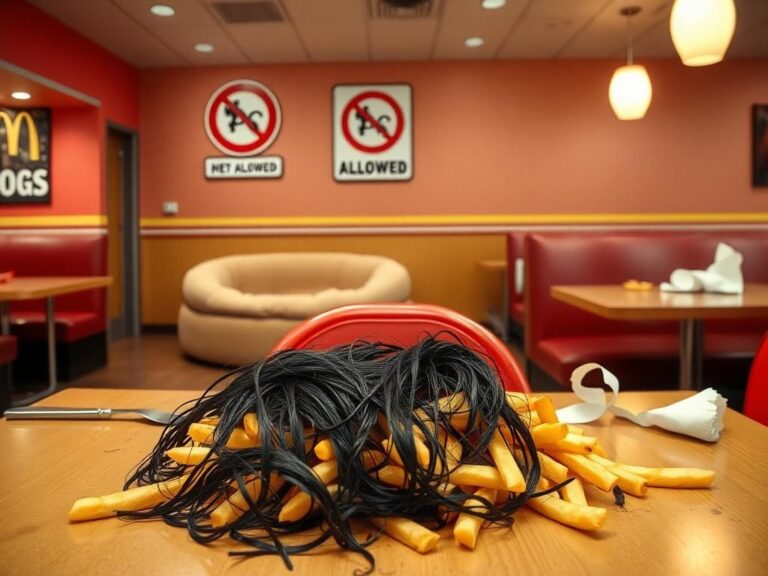 Flick International Table in fast-food restaurant with French fries and dog hair illuminated by vibrant decor