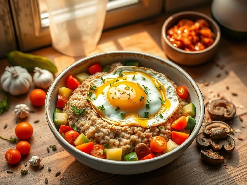 Flick International A beautiful bowl of savory oatmeal topped with a sunny-side-up egg and fresh vegetables
