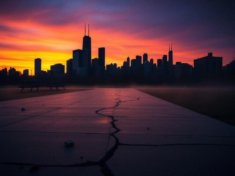 Flick International Dramatic Chicago cityscape at dusk with skyline silhouette and a setting sun