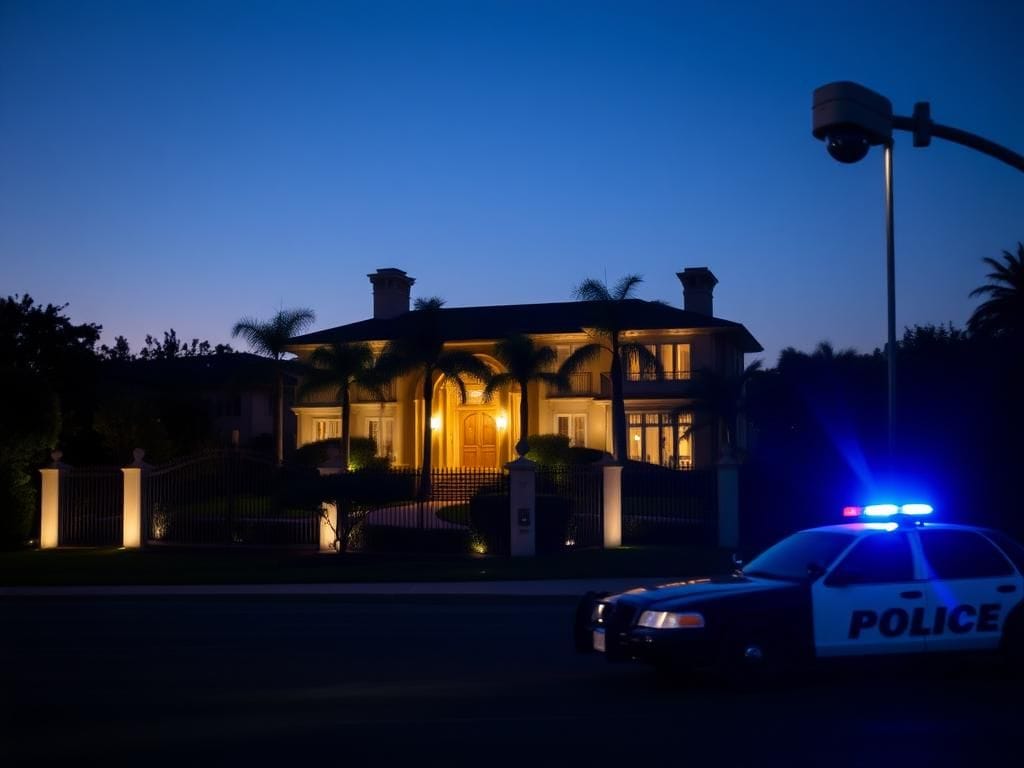 Flick International Luxurious Beverly Hills mansion with security features and police presence