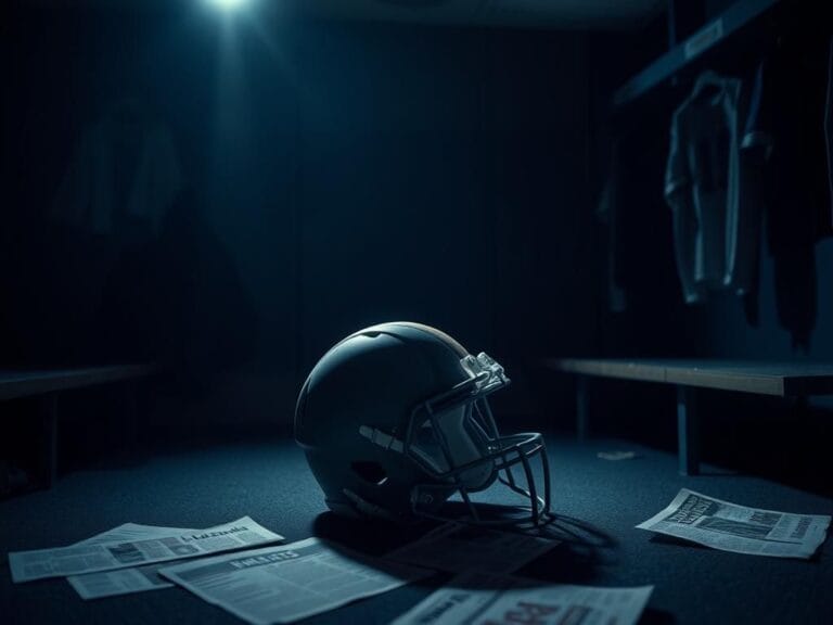 Flick International A dark locker room with an illuminated helmet resting on a bench, symbolizing injury and loss.
