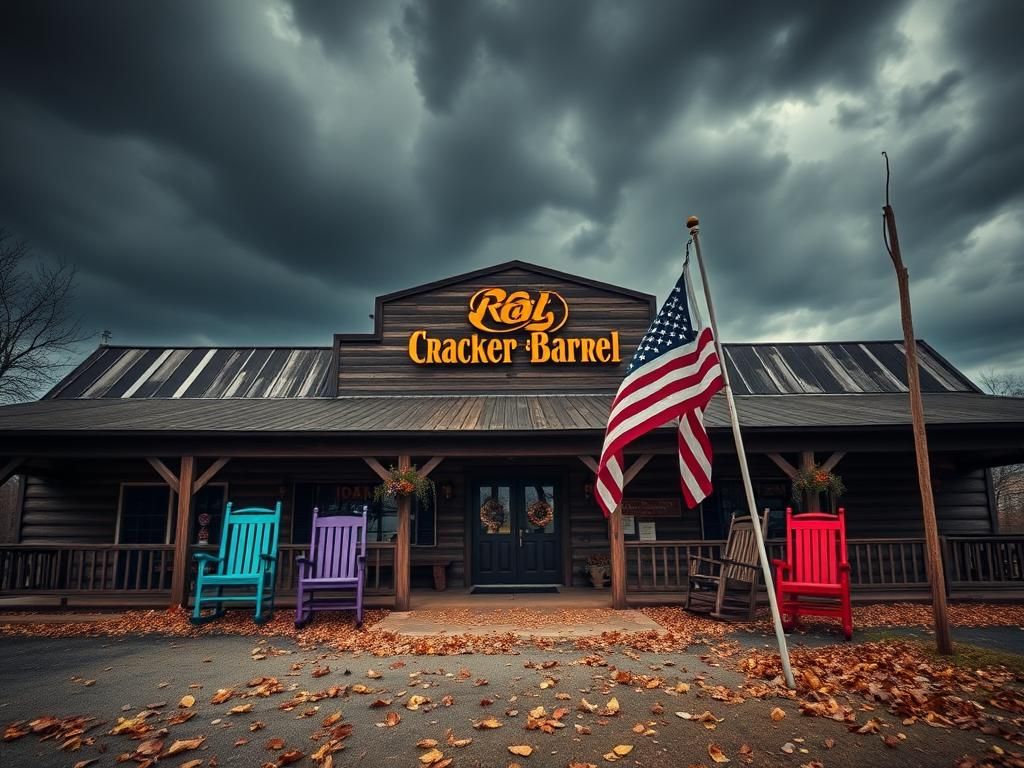 Flick International Rustic Cracker Barrel exterior with rocking chairs and modern logo