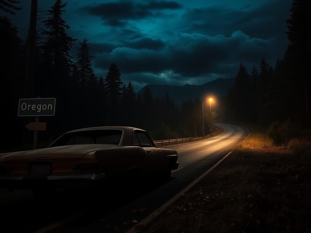 Flick International Dimly lit highway scene at night with a rusted car and faded signpost