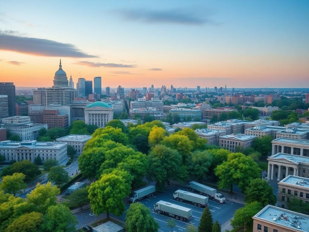 Flick International Aerial view of National Guard barracks and vehicles in an urban area